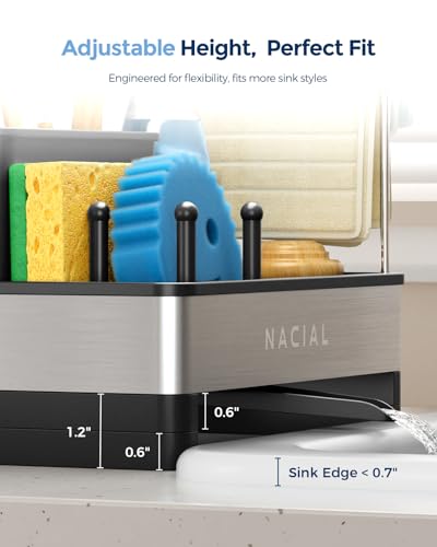 Kitchen Sink Caddy Organzier with High Brush Holder, Sponge Holder for Kitchen Sink with Two Towel Racks - Rustproof 304 Stainless Steel Kitchen Countertop Storage Essentials