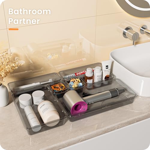 A-LuGei 【Military Grade】 Drawer Organizer,【𝟱𝗦𝗶𝘇𝗲】 Makeup organizer,【Holds 177 Items】 Bathroom Organizers and Storage,Organization and Storage,Desk Drawer Organizer for Vanity【Clear Black】
