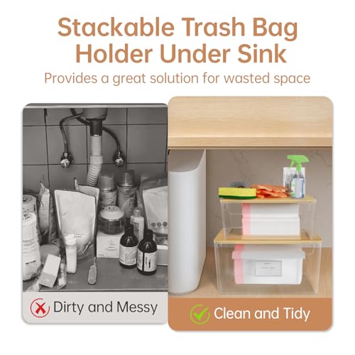 2 Pack Stackable Plastic Trash Bag Holder with Bamboo Lid Under Sink | Clear Container, Stackable Design,Side Handles, Safety Locks,Garbage Bag Roll Holder, Kitchen Cabinet, Laundry Organization