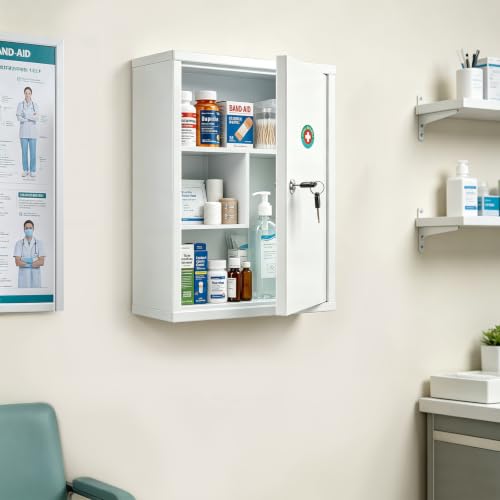 KYODOLED Wall Mount Locking Medicine Cabinet, Large Capacity First Aid Cabinet for Bathroom, Medicine Cabinet with Key, Secure Steel Lock Box for Medication, 15.75" H x 11.82" W x 4.72" D, White