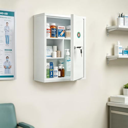 KYODOLED Wall Mount Locking Medicine Cabinet, Large Capacity First Aid Cabinet for Bathroom, Medicine Cabinet with Key, Secure Steel Lock Box for Medication, 15.75" H x 11.82" W x 4.72" D, White