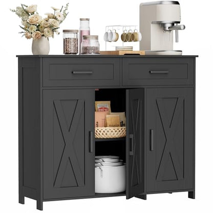 Coffee Bar Storage Cabinet with Drawers, Kitchen Buffet Cabinet | Sideboard Cabinet with Doors, Farmhouse Buffet Cabinet, Adjustable Shelves, for Kitchen / Dining / Living Room, Black