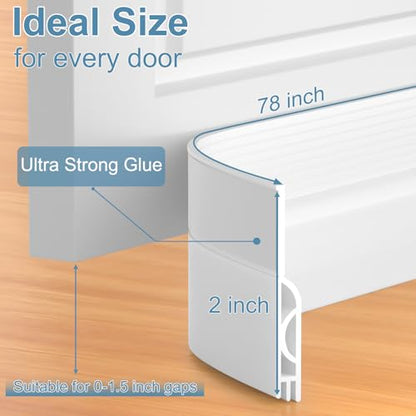 Door Draft Stopper, Door Sweep for Bottom of Door, Under Door Gap Filler for Exterior & Interior Doors, Weather Stripping Door Seal Blocker Noise Cold Air Insulation (78Inch, White)