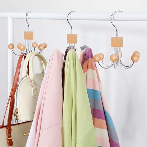 TOPIA HANGER Sweatshirt Hangers 2-Pack with 6 Wooden Balls, Purse Hanger, Scarf Hanger, Wooden Closet Hooks, Handbag Organizer, Bra Hanger, Accessory Organizers for Scarf, Tanktop, Hat, Hoodie CT82N