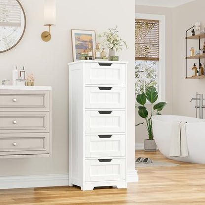 FOTOSOK Bathroom Cabinet, Bathroom Storage Cabinet with 5 Drawers, White | Narrow Bathroom Storage with Cut-Out Handles, 11.8” x 15.7” x 40.1”, Slim & Small Floor Cabinet for Laundry/Hallway