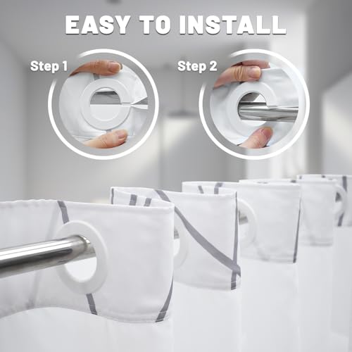 No Hook Shower Curtain with Snap-in Liner, Gray White, 71 x 74 Inch | Stripe Pattern, Waterproof, Mesh Top Window, Bottom Magnets, Hotel Style, Machine Washable, Quick Dry, Modern, for Bathroom