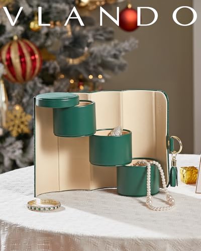 VLANDO Travel Jewelry Organizer, 3 Tier Roll Up Design, Hard Shell Storage | Stepped Sections Compartments Keep Jewelry Visible, Soft Lining Protect Pieces, Snap Closure, Travel Gift for Women Girl