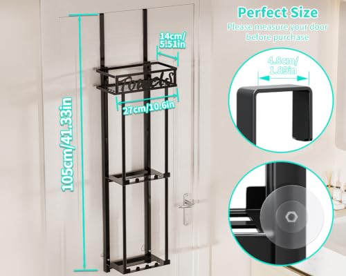 HapiRm Towel Rack Bathroom Storage - 3 Tier Over The Door & Wall Mounted Rolled Towel Racks Holder Organizer with Metal Shelf and 6 Hooks for Small Bathroom, Camper, Rv - Black (for 1.77 in Doors)