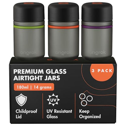Glass Storage Jar, 180ml, 3 Pack | UV Herb/Spice Jar with Child‑Resistant Lid, Color‑Coded Glass Containers to Preserve Smell and Aroma