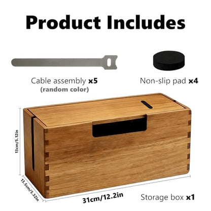 Acacia Wood Cable Management Box, Wooden Cord Hider Organizer for Power Strip, Desk/Floor/TV Wire Storage, Under Desk Cable Organizer for Home Office