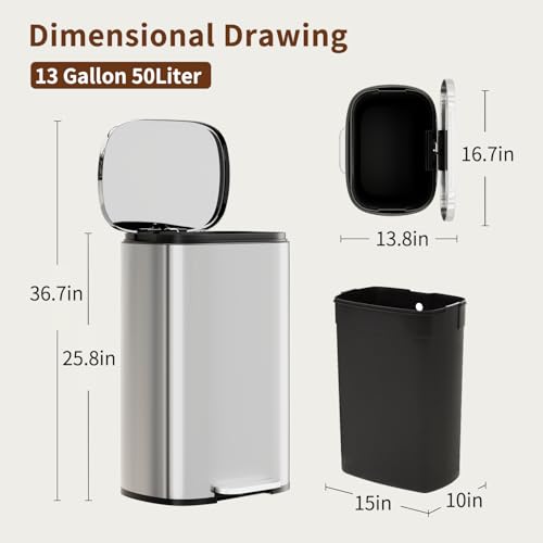 PayLessHere | 13G Trash Can with Lid | Steel | Removable Inner Bucket | Made of Stainless Steel | Soft-Close Step Pedal | Hands-Free Use | Easy to Clean | for Kitchen, Office, Bathroom