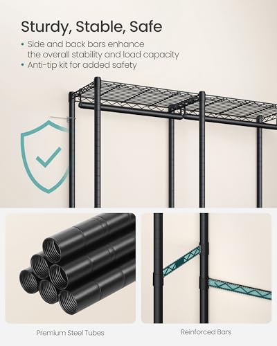 SONGMICS Clothing Rack, Heavy-Duty Garment Rack with Adjustable Storage Shelves and Hanging Rails, Fabric Cover, Freestanding Portable Wardrobe Closet, Ink Black ULGR424BH01