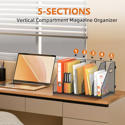 Binder Organizer, Magazine File Holder with 5 Vertical Rack, Black | Metal Desk File Organizer & Binder Holders, Magazine Organizers for Office Desktop, Home, School, Classroom