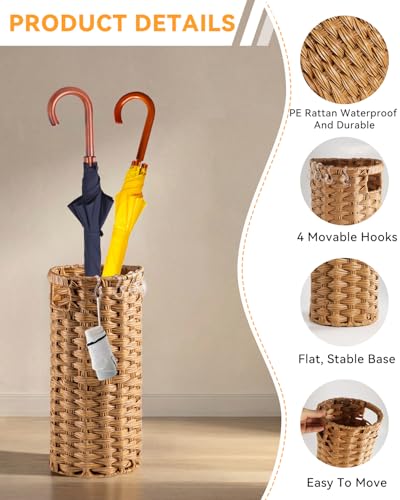 Rattan Umbrella Stand for Entryway,Hand-Woven Umbrella Holder Indoor with Doormat, Removable Drip Tray & 4 Hooks,Waterproof Umbrella Storage Basket