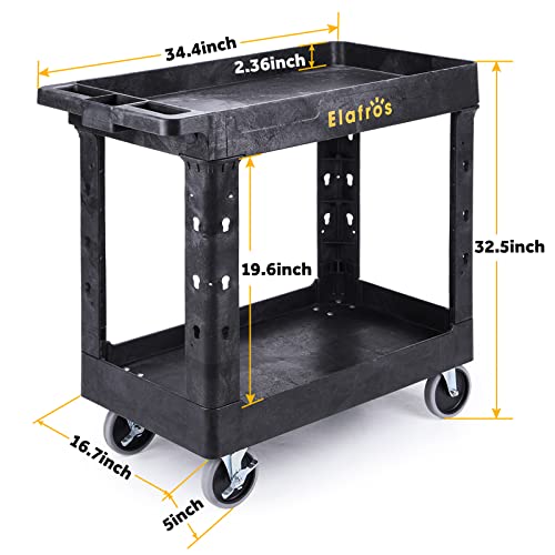 2-Tier Utility Rolling Cart, 34 x 17 in, 5" Swivel Wheels, 550lb | Deep Tub Shelves, Plastic Service Cart, Work Cart, Tool Cart, Tub Storage Organizer, Warehouse Garage Cleaning Supplies