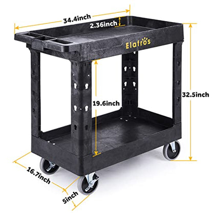 2-Tier Utility Rolling Cart, 34 x 17 in, 5" Swivel Wheels, 550lb | Deep Tub Shelves, Plastic Service Cart, Work Cart, Tool Cart, Tub Storage Organizer, Warehouse Garage Cleaning Supplies