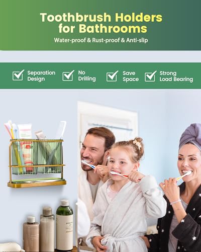 Green Toothbrush Holders for Bathrooms, 2 Cups Toothbrush Holders Wall Mounted, Dry & Wet Separation, Bathroom Organizers and Storage, Bathroom Toothbrush Holder Set for Family Kids