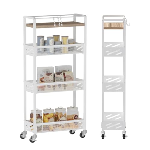 DGSNADGO Slim Rolling Storage Cart, 4-Tier Narrow... (Beige+white | Metal, Wood)