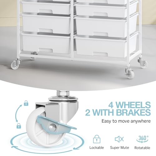 TOOLF 12 Drawers Rolling Storage Cart with Wooden Top for Classroom,White | Teacher Cart Craft Art Supply Organizer, Utility Cart with Lockable Wheels for Home Household Essentials, Office Organization