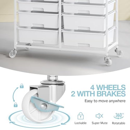 TOOLF 12 Drawers Rolling Storage Cart with Wooden Top for Classroom,White | Teacher Cart Craft Art Supply Organizer, Utility Cart with Lockable Wheels for Home Household Essentials, Office Organization