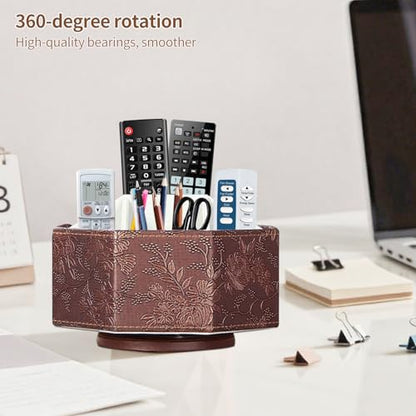 360° Spinning Remote Control Holder,Pen Caddy,Studio Art Supplies Organizer | PU Leather Swivel Office Desk Nightstand Storage Box for Media Controllers,Makeup Brush,Glasses,Decorations for Living Room