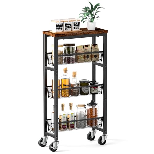 Honest Slim Storage Cart 4-Tier Slim Rolling Cart with Metal Frame and Wooden Top, 6.3 Inches, Storage Cart for Kitchen, Dining Room, Living Room, Bathroom, Home Office, Rustic Brown and Black