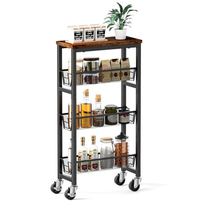Honest Slim Storage Cart 4-Tier Slim Rolling Cart with Metal Frame and Wooden Top, 6.3 Inches, Storage Cart for Kitchen, Dining Room, Living Room, Bathroom, Home Office, Rustic Brown and Black
