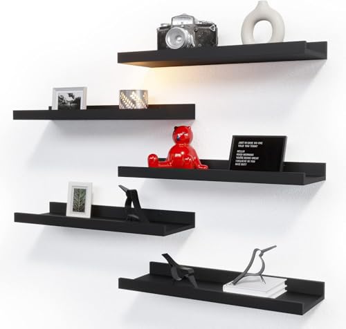 5-Set Floating Shelves with Lip, Black Wall Mounte... (5 Count | Black | Engineered Wood)