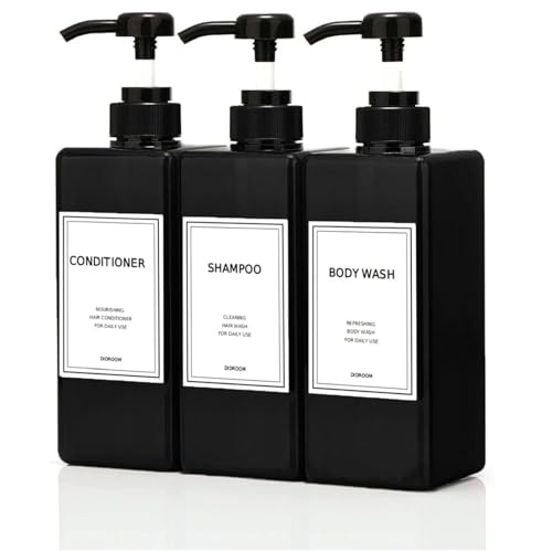 Modern Shampoo and Conditioner Dispenser (21 oz, Pack of 3) Refillable Pump Bottle Set Empty Shower Plastic Bottles with Pump for Bathroom Body Wash Soap and Shower (Black)