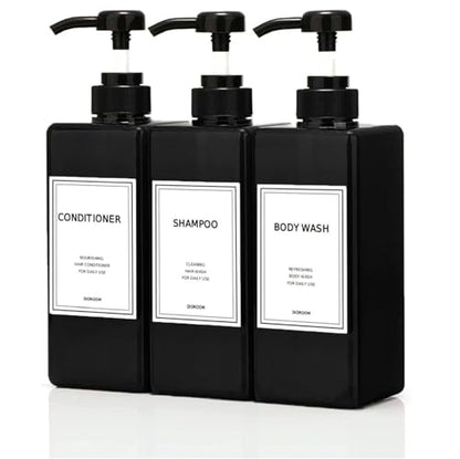 Modern Shampoo and Conditioner Dispenser (21 oz, Pack of 3) Refillable Pump Bottle Set Empty Shower Plastic Bottles with Pump for Bathroom Body Wash Soap and Shower (Black)