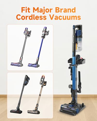 Cordless Vacuum Stand for Stick Vacuum Cleaners, Adjustable Height with 7 Tool Holder and Storage Box, Max 1-4/5 Inch Universal Vac Wand, Black