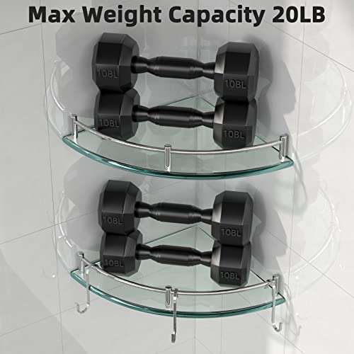 Glass Shower Shelves, Glass Bathroom Corner Shelf Wall Mounted Shelf Shampoo Holder Organizer Extra 8MM Thick Corner Shelves for Inside Shower with 3 Hooks