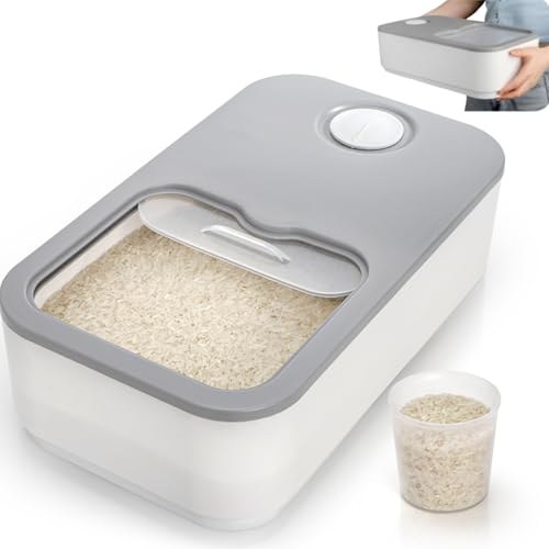 Rice Storage Container, 11 Lbs Plastic Airtight Rice Dispenser with Measuring Cup, Dry Food Storage Bucket Box with Lid, Flour Bin Pet Food Container, Kitchen Organizer for Grain Cereal, White