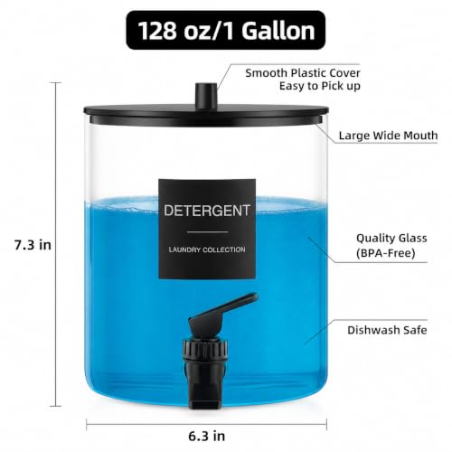 1 Gallon Glass Laundry Detergent Dispenser with Spigot, 128 oz Liquid Laundry Soap and Fabric Softener Container, Wide Mouth Detergent Holder with 6 Waterproof Labels (1 Pack)