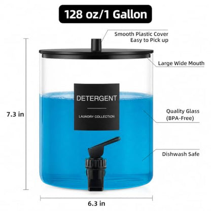 1 Gallon Glass Laundry Detergent Dispenser with Spigot, 128 oz Liquid Laundry Soap and Fabric Softener Container, Wide Mouth Detergent Holder with 6 Waterproof Labels (1 Pack)