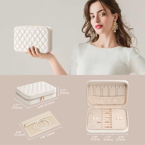 Lolalet Travel Jewelry Case for Women Girls -Medium, White | Jewelry Box Organizer for Travel Essentials, Mirror & Clear Storage Bag, Earring Necklace Bracelet Ring Holder, Mother's Gift