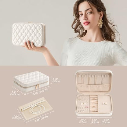 Lolalet Travel Jewelry Case for Women Girls -Medium, White | Jewelry Box Organizer for Travel Essentials, Mirror & Clear Storage Bag, Earring Necklace Bracelet Ring Holder, Mother's Gift