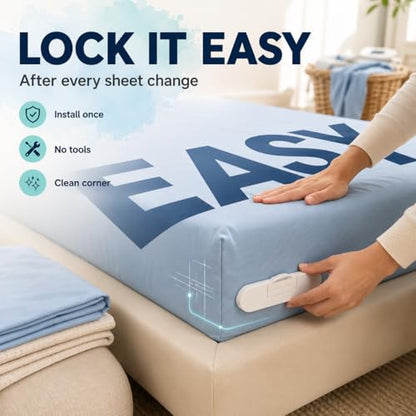 Bed Sheet Holders for Corners, Fitted Sheet Holder with Lock Strips, Hidden Corner Sheet Lock System, Sheet Locks for Fitted Sheets, No Metal Clips, 4 Corner Bases + 8 Lock Strips