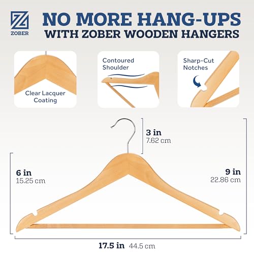 ZOBER High-Grade Wooden Hangers - Heavy Duty, Non Slip Wood Hangers for Coats, Jackets, Suits, & Pants - Clothes Hangers for Closet W/Bar and Notches 20 Pack