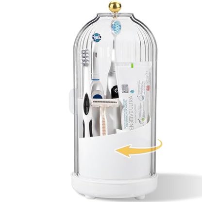 Toothbrush Holders with Cover Toothpaste Organizer for Bathroom, White | 360° Rotating, Dustproof Sliding Lid, Drainage Holes, Waterproof, for Kids Electric Toothbrush Makeup Brush Storage