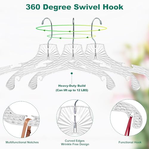 Quality Hangers 12 Pack Crystal Clear Plastic Hangers with Easy Swivel 360 Degree Hook Slim Crystal Coat Hangers 17 Inches (12, 17")