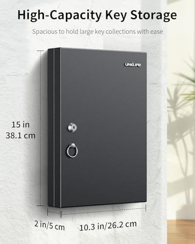 Uniclife 32 Position Key Lock Box, Wall Mount Security Key Cabinet, Black | Wider hook spacing fits car fobs, writable racks & tags for quick ID, easy mount, sturdy lock box for office hotel & company