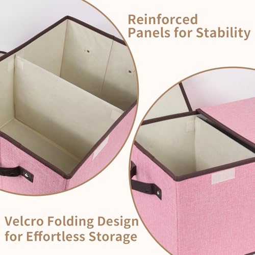 Foldable Fabric Storage Box, 16.5 x 11.8 x 9.8 inches (L x W x H), with Double-Lid & Dividers, Large Organizer for Home, Closet, Office(Pink)