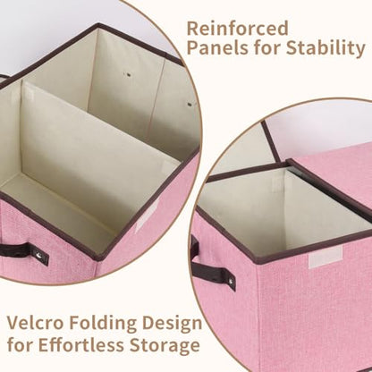 Foldable Fabric Storage Box, 16.5 x 11.8 x 9.8 inches (L x W x H), with Double-Lid & Dividers, Large Organizer for Home, Closet, Office(Pink)