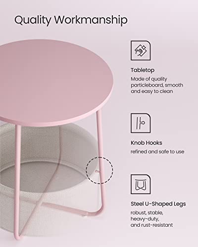 VASAGLE LILEA Collection - Small Round Side End Table, Modern Nightstand with Fabric Basket, Jelly Pink and Cream White ULET223R61