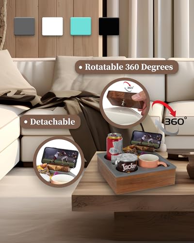 Couch Cup Holder Tray, Handy Soft Silicone Acacia Wooden Couch Caddy for Bed Car Seat Beach Organizer, Waterproof Anti-Spill Sofa Cup Holder for Snacks Beverage Remote (White)