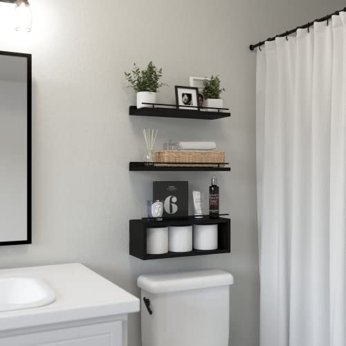 Floating Shelves for Wall with Cube Shelf, Wall Shelves with Metal Rail for Bathroom Decor, Bathroom Organizers and Storage, Over Toilet Shelves for Toilet Paper-Black