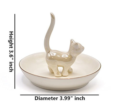 ROSA&ROSE Cat Ring Holder Trinket Tray Ceramic Jewelry Dish Decorative Ring Holder/Trinket Tray Engagement Wedding Birthday Gifts for Women Her(Pearl White)