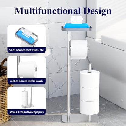 Kitsure Metal Toilet Paper Holder Free Standing, Medium, Silver | Rustproof Toilet Paper Stand for 4 Rolls, Bathroom Organizers and Storage with Anti-Slip Base and Plastic Shelf