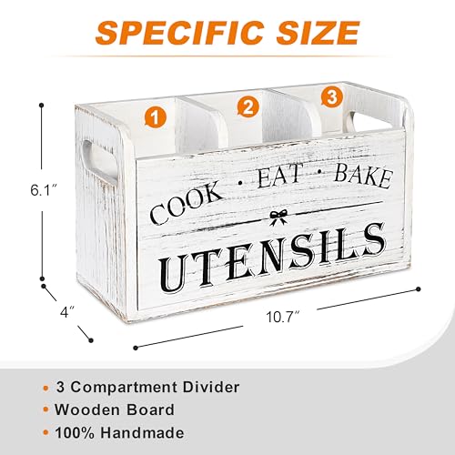 Kitchen Utensil Holder with 3 Compartments, Wooden... (Brown | Wood)